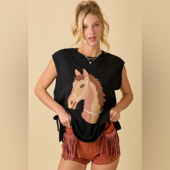 Western Horse Oversized Sleeveless Sweater Vest Top - Main Strip - Picture 5 of 7